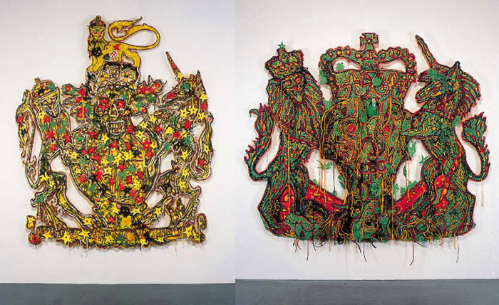 Left - Grin and bear it, 240 x 202cm. Right -Veni, Vidi, Vici, 214 x 244cm (coats of arms of the Queen). Below - detail of All that glitters.